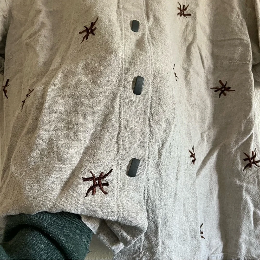 Vintage Positive Attitude Button Up Short Sleeved Linen Type Shirt Tan Floral - Picture 6 of 11